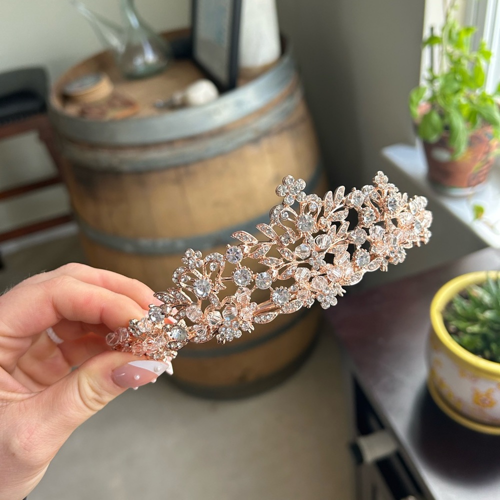 Pink and Gold Floral Tiara with Crystal Accents